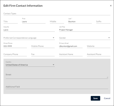 A screenshot of the Edit Firm Contact Information window.